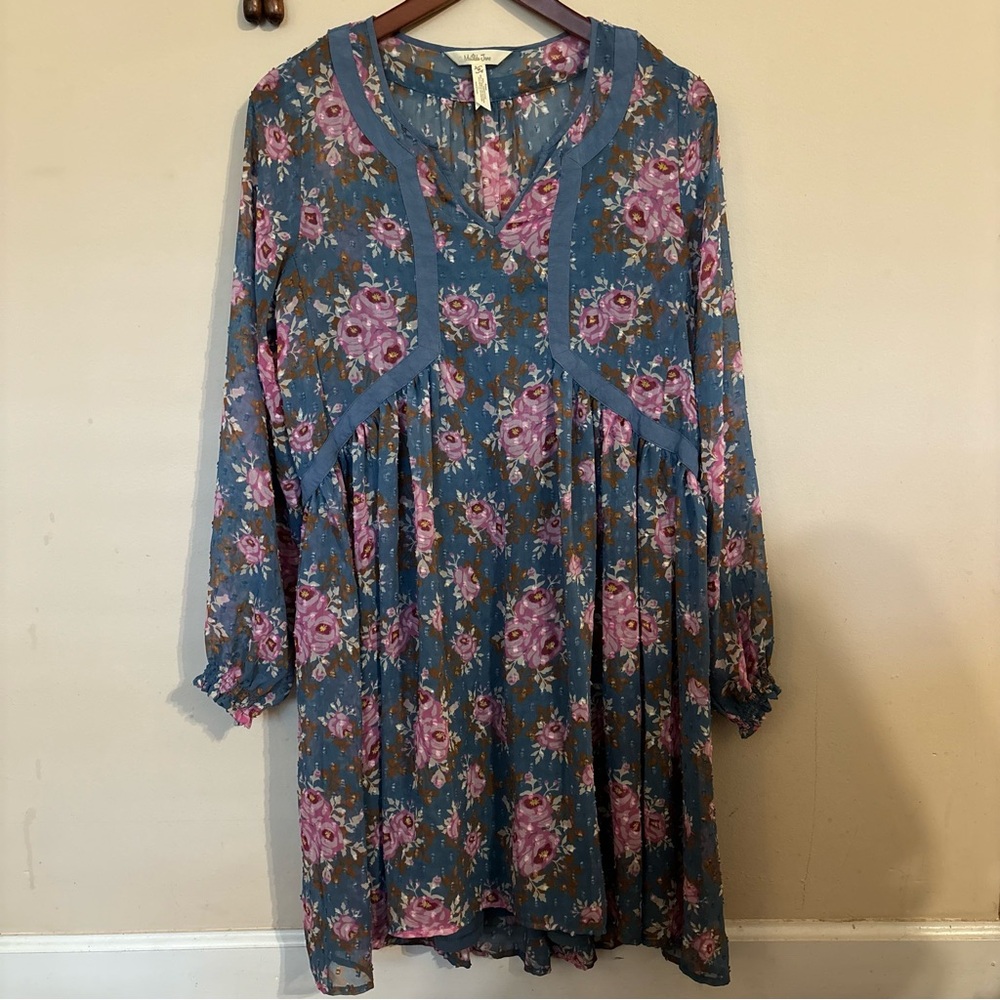 Matilda Jane Blue Floral Top with Pink and Brown Accents